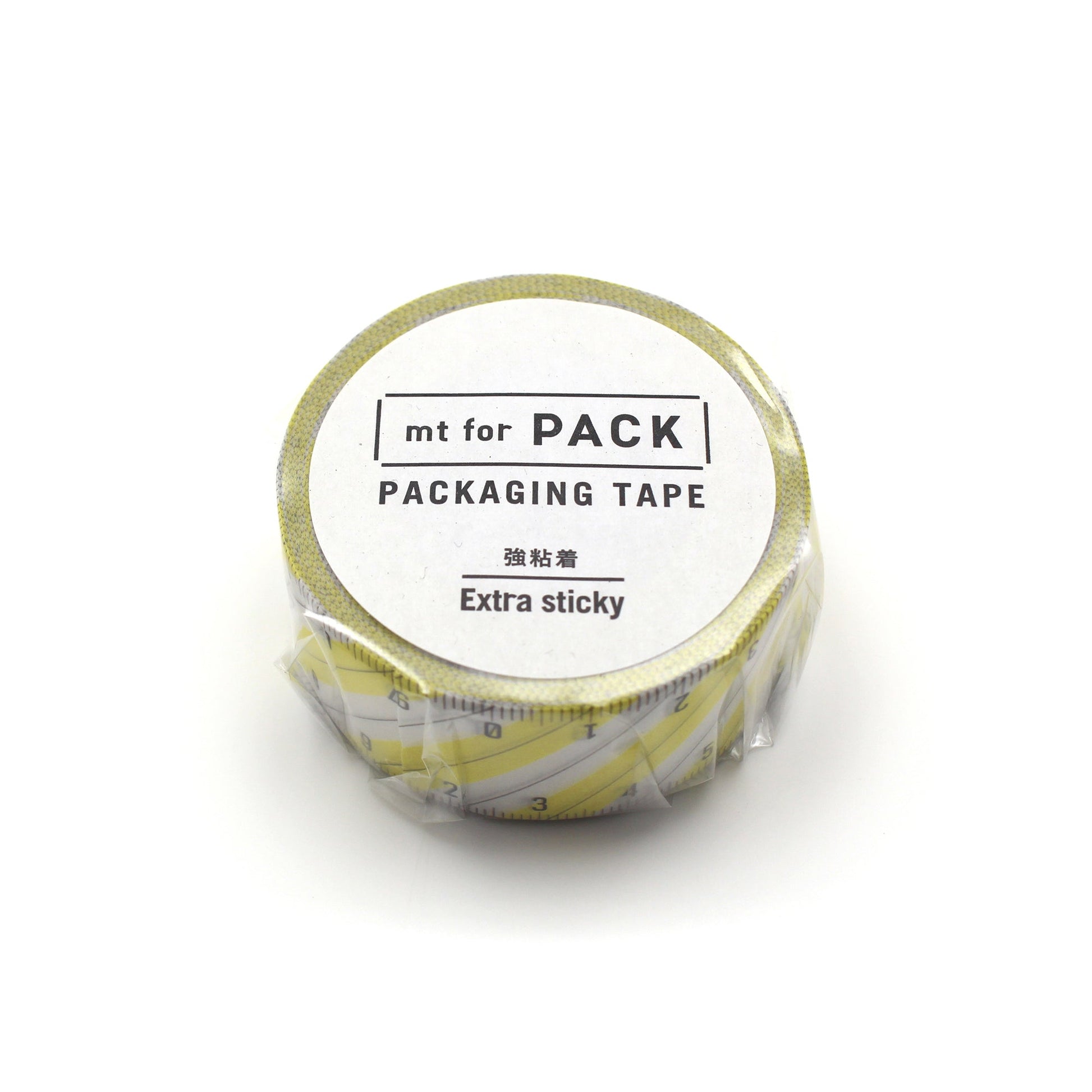 MT For Pack Permanent Tape – Stripe Ruler showing a roll of washi tape with a ruler-style stripe pattern in neutral tones, designed for strong adhesion and packaging use.