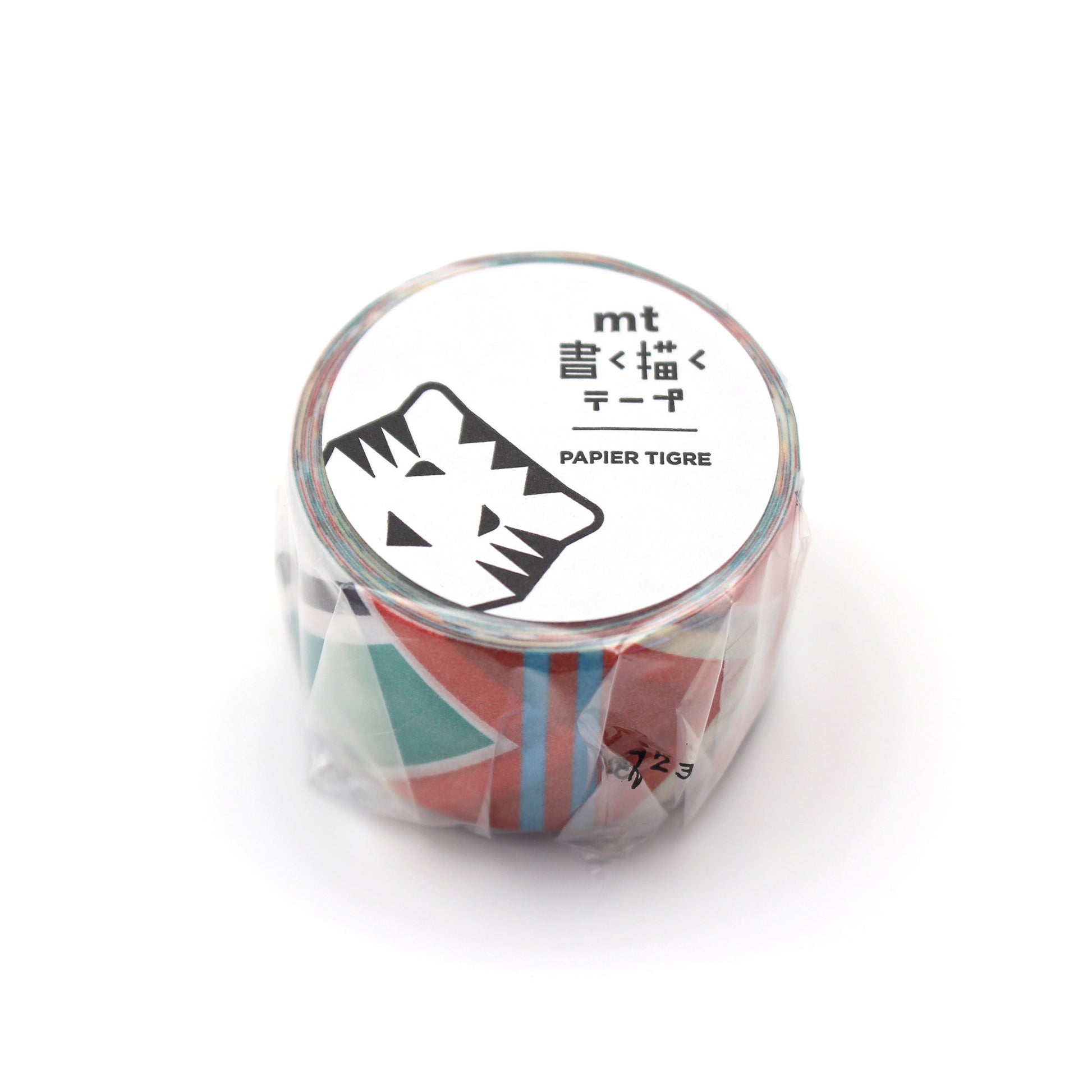 MT × Papier Tigre Write and Draw Washi Tape – Etiquette featuring colorful geometric patterns with lined sections for writing and drawing on Japanese washi paper.