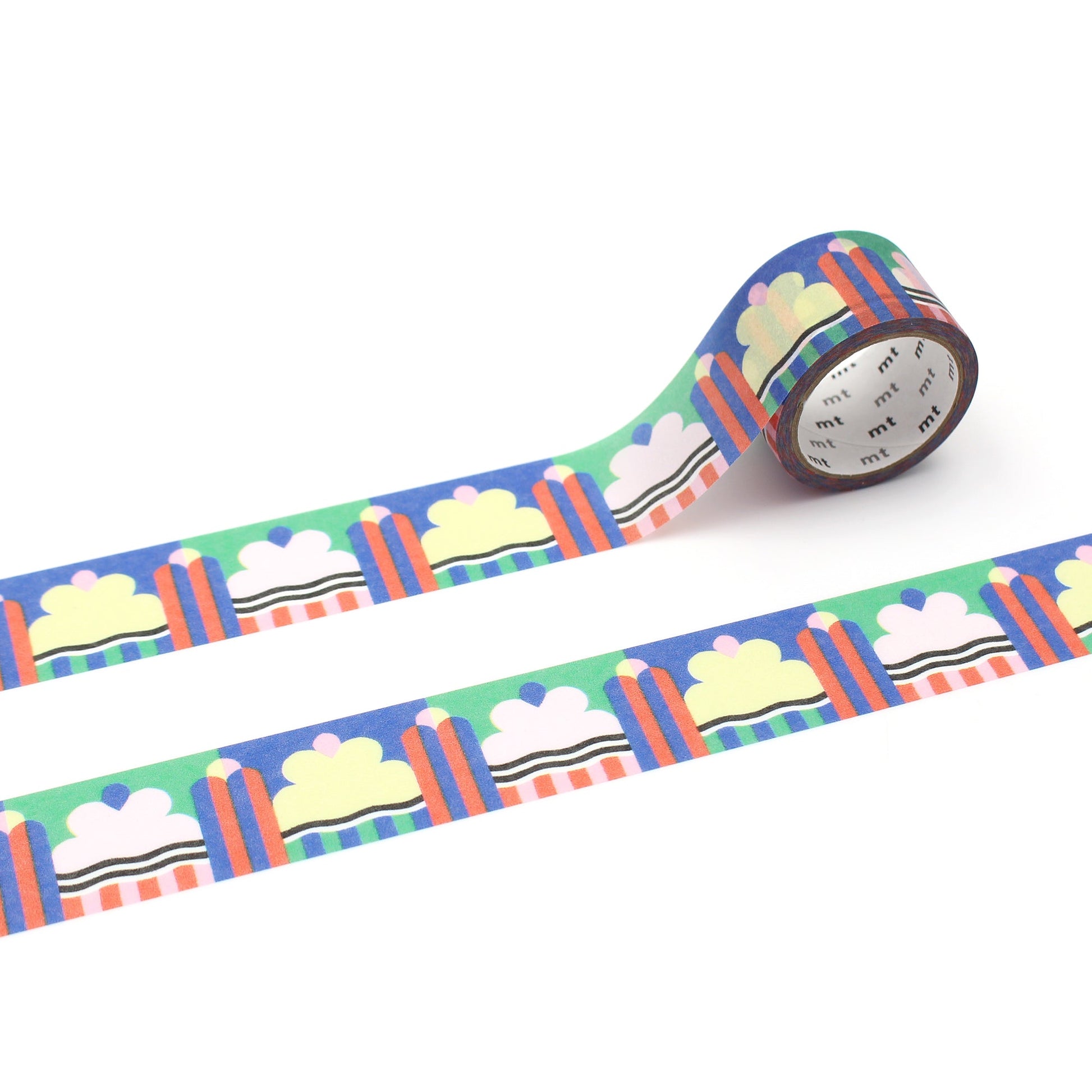MT × Papier Tigre Write and Draw Washi Tape – Ice featuring bright geometric ice-inspired patterns in blue, green, yellow, and coral on Japanese washi paper.