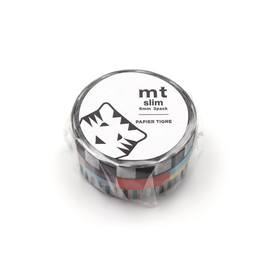 MT Slim × Papier Tigre Washi Tape – Rubans showing a 3-roll set of colorful slim washi tapes with geometric ribbon patterns in red, blue, green, and black stripes.